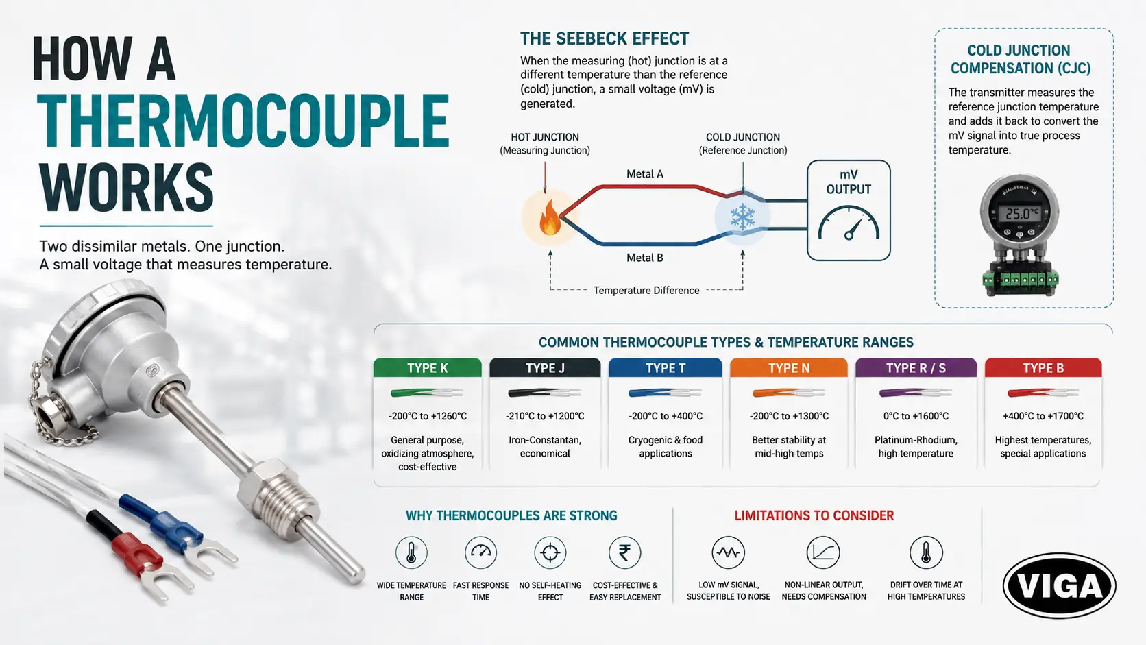 How a thermocouple works showing Seebeck effect hot and cold junctions and temperature measurement
