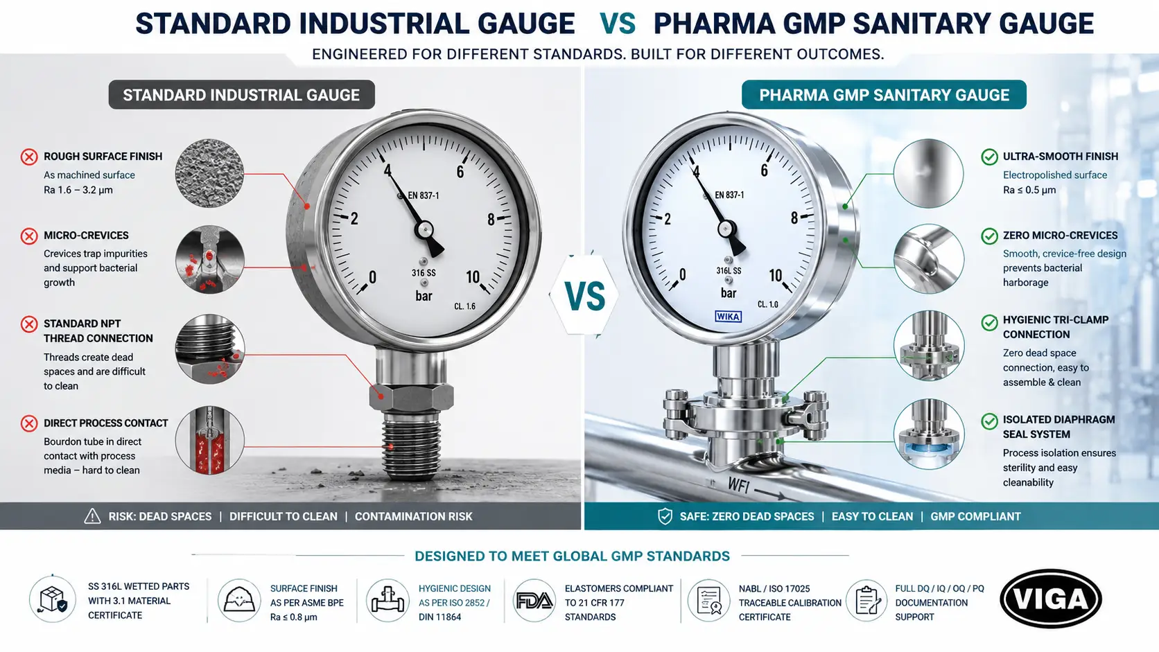 Technical schematic diagram comparing a standard threaded industrial pressure gauge with an electropolished pharma-grade sanitary diaphragm pressure gauge showing dead-space elimination.