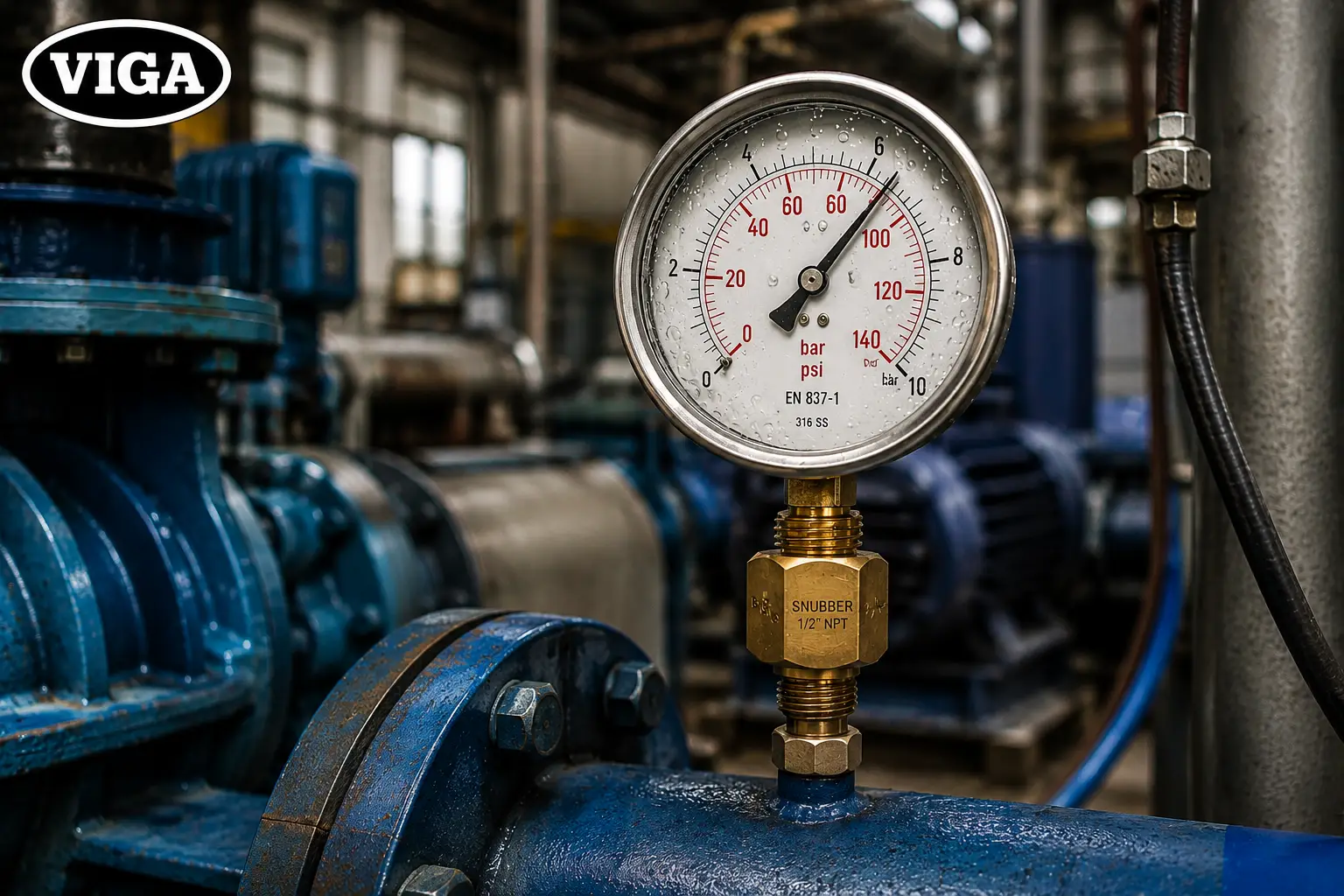 Glycerine-filled analog pressure gauge with pressure snubber installed on a high-vibration heavy industrial pump skid in a manufacturing factory.