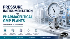 Premium stainless steel 316L sanitary pressure gauge mounted via Tri-clamp connection on a cleanroom Water for Injection loop in an Indian pharmaceutical manufacturing plant.