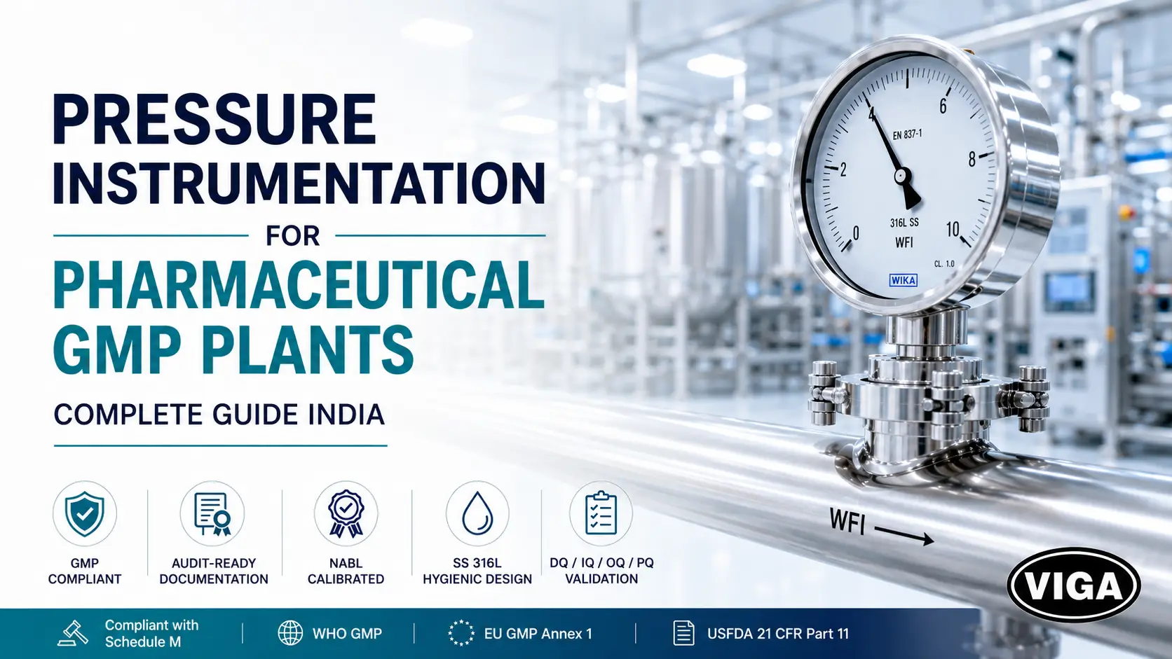 Premium stainless steel 316L sanitary pressure gauge mounted via Tri-clamp connection on a cleanroom Water for Injection loop in an Indian pharmaceutical manufacturing plant.