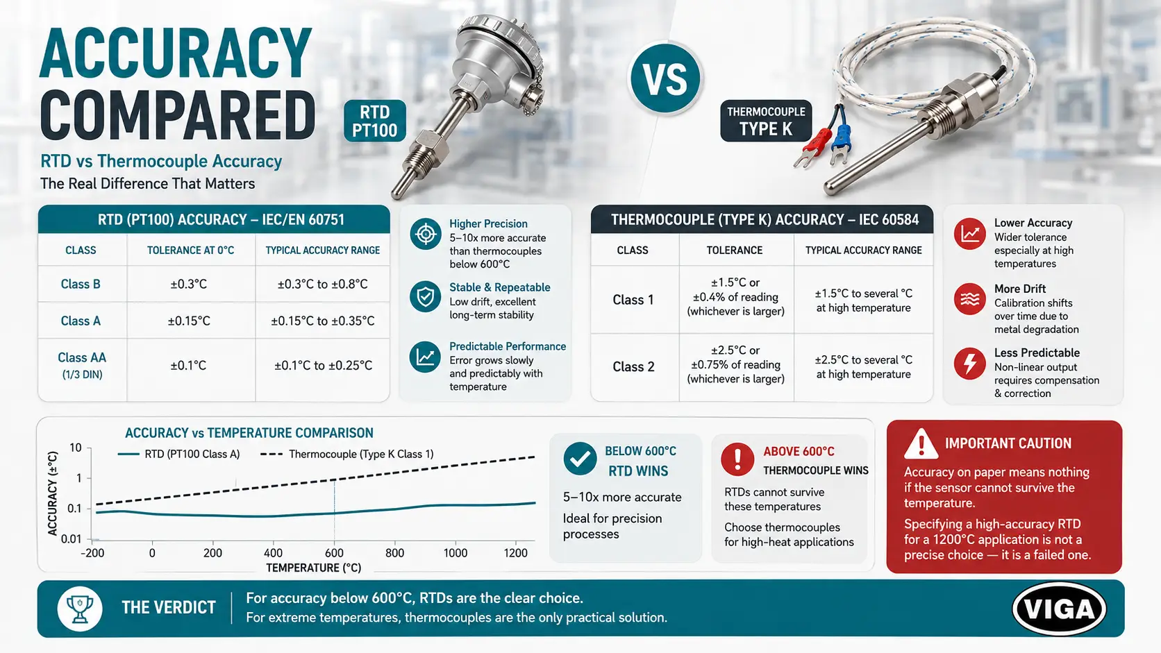 RTD PT100 vs Type K thermocouple accuracy comparison showing tolerance stability and temperature performance