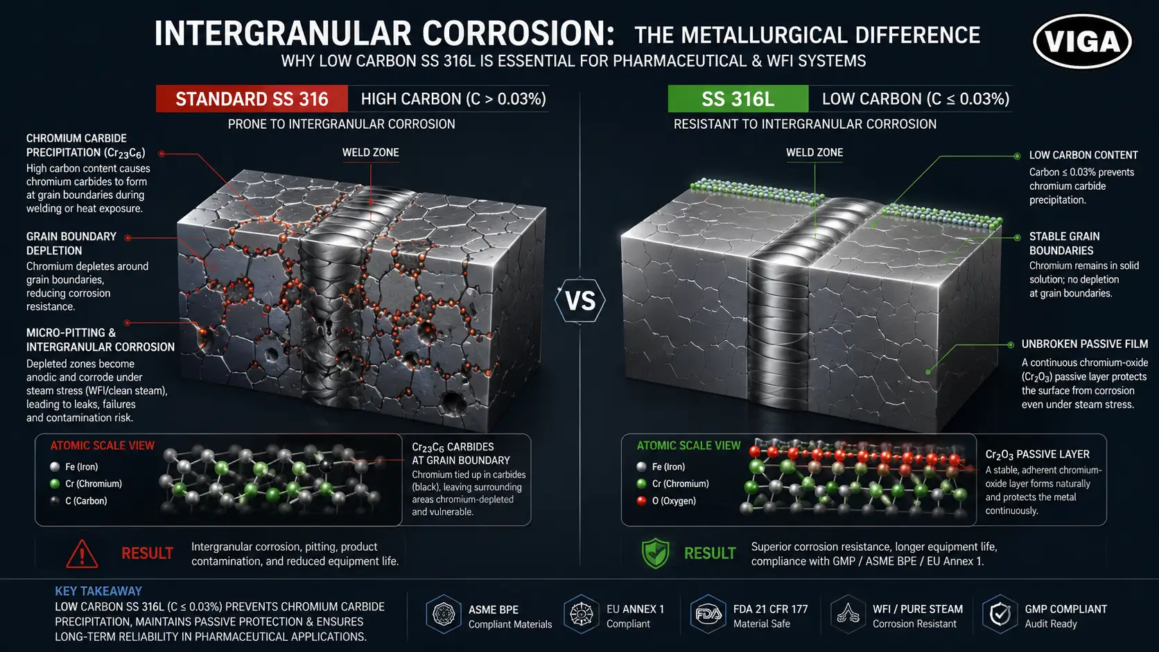 Metallurgical molecular structural diagram explaining how low carbon content in SS 316L prevents chromium carbide precipitation and pitting corrosion in clean steam loops.