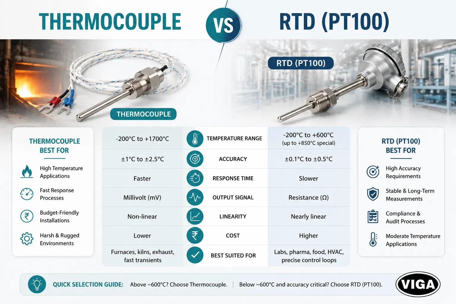 Thermocouple vs RTD PT100 temperature sensor comparison chart showing range accuracy response time and applications