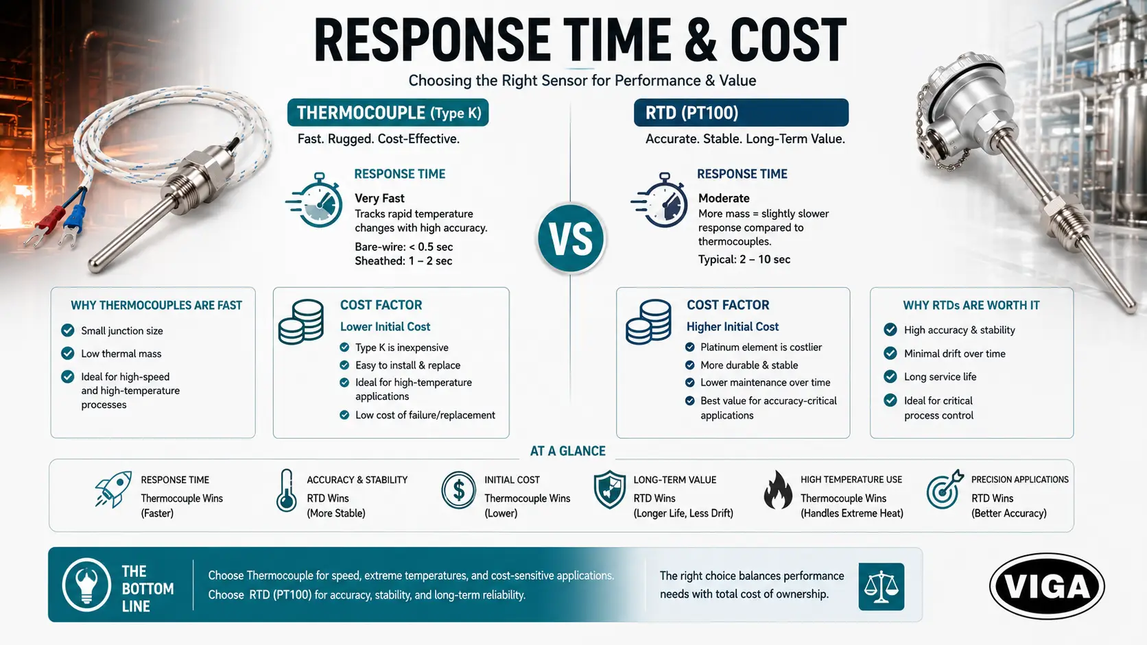Thermocouple vs RTD response time and cost comparison showing Type K speed and PT100 long-term value