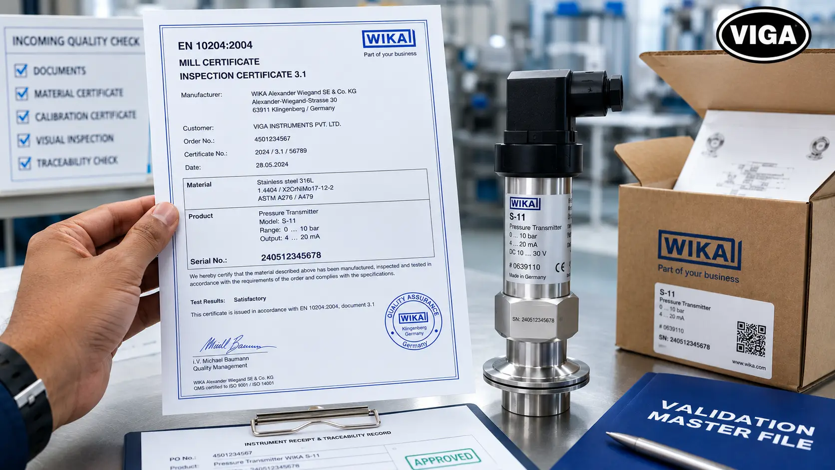 A technical procurement manager verifying an EN 10204 3.1 material traceability certificate against the engraved serial number of a WIKA pressure transmitter to ensure regulatory compliance.