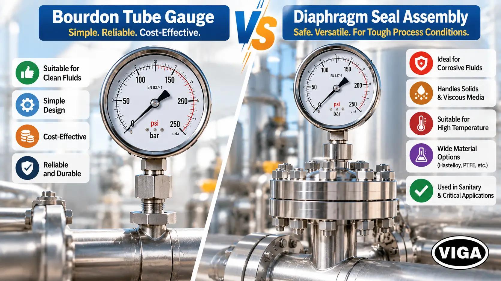 Bourdon tube pressure gauge compared with a diaphragm seal assembly for industrial process applications