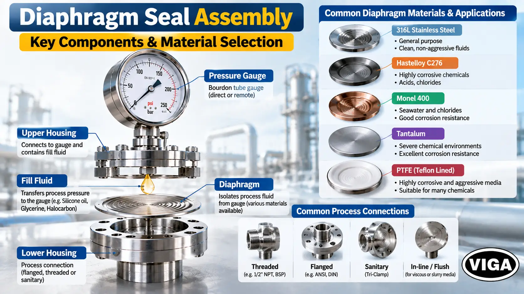 Diaphragm seal assembly components and common diaphragm materials including 316L stainless steel, Hastelloy C276, Monel 400, tantalum and PTFE.