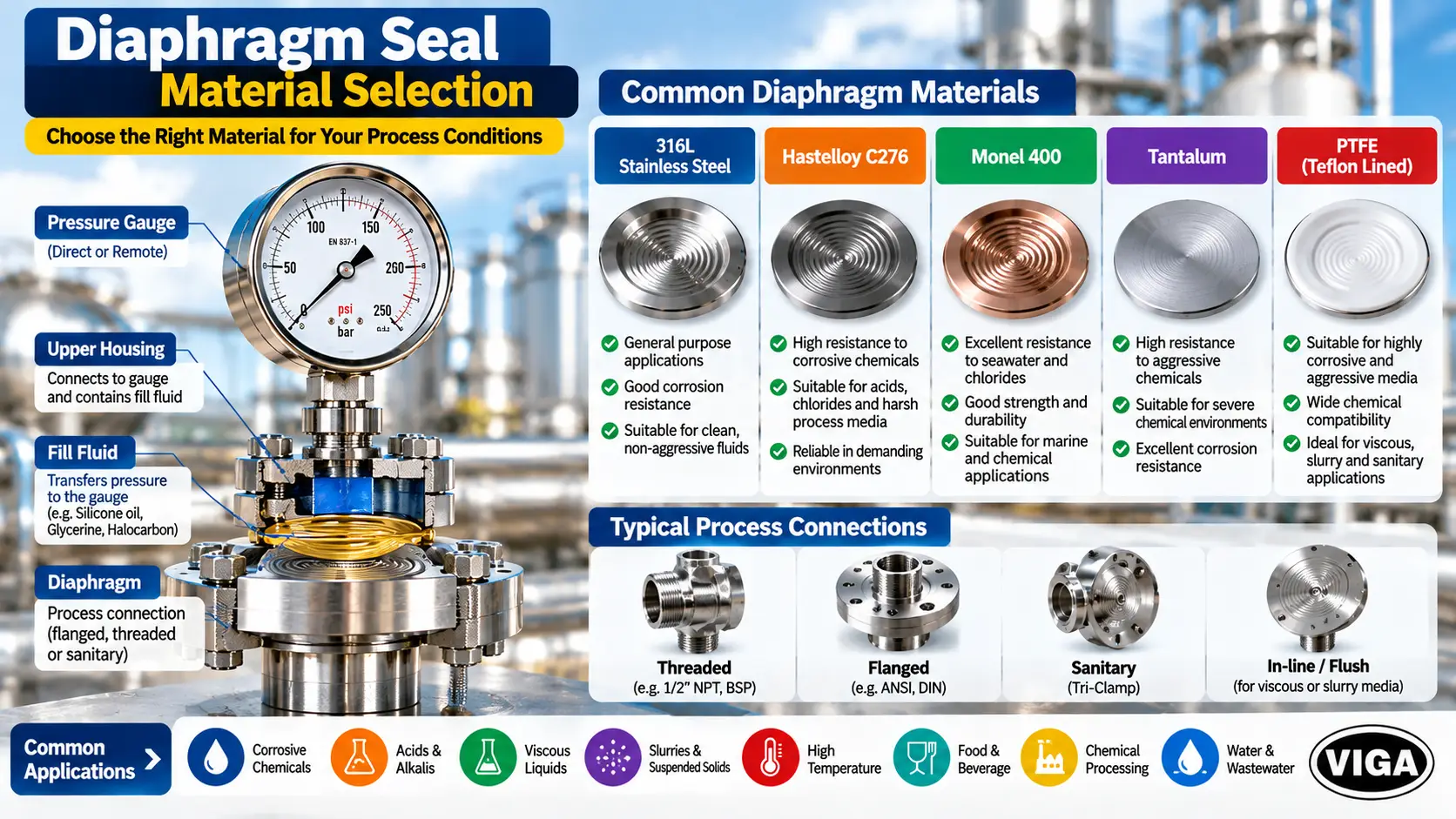 Industrial diaphragm seal assembly showing common diaphragm materials, components and process connections