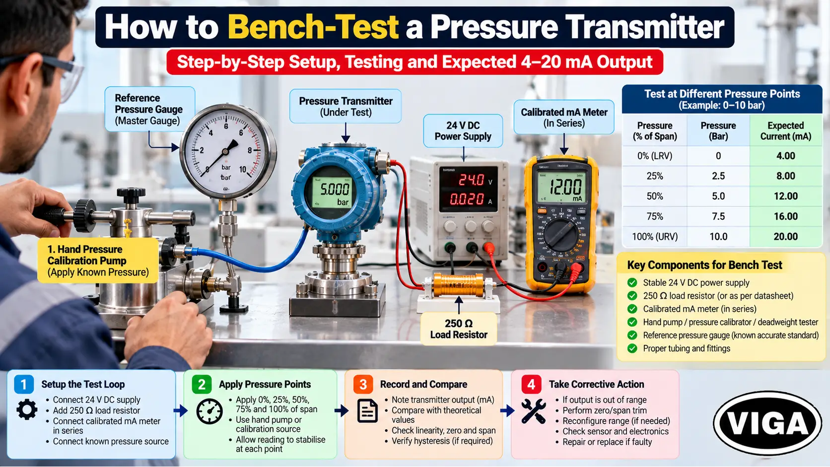 Bench testing a pressure transmitter with a calibrated mA meter and pressure reference gauge