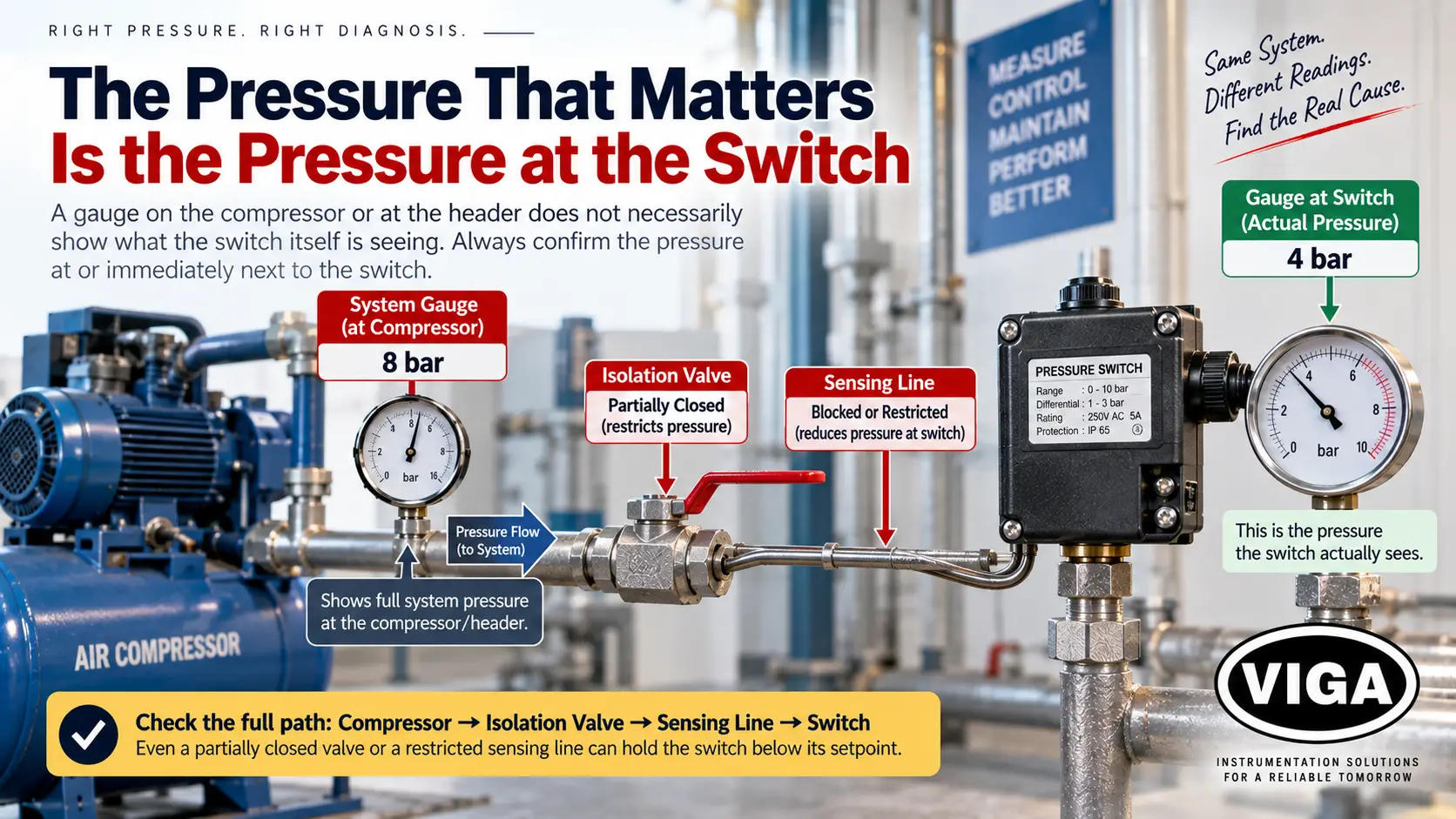 Pressure switch diagnosis showing system pressure at the compressor and actual pressure reaching the switch