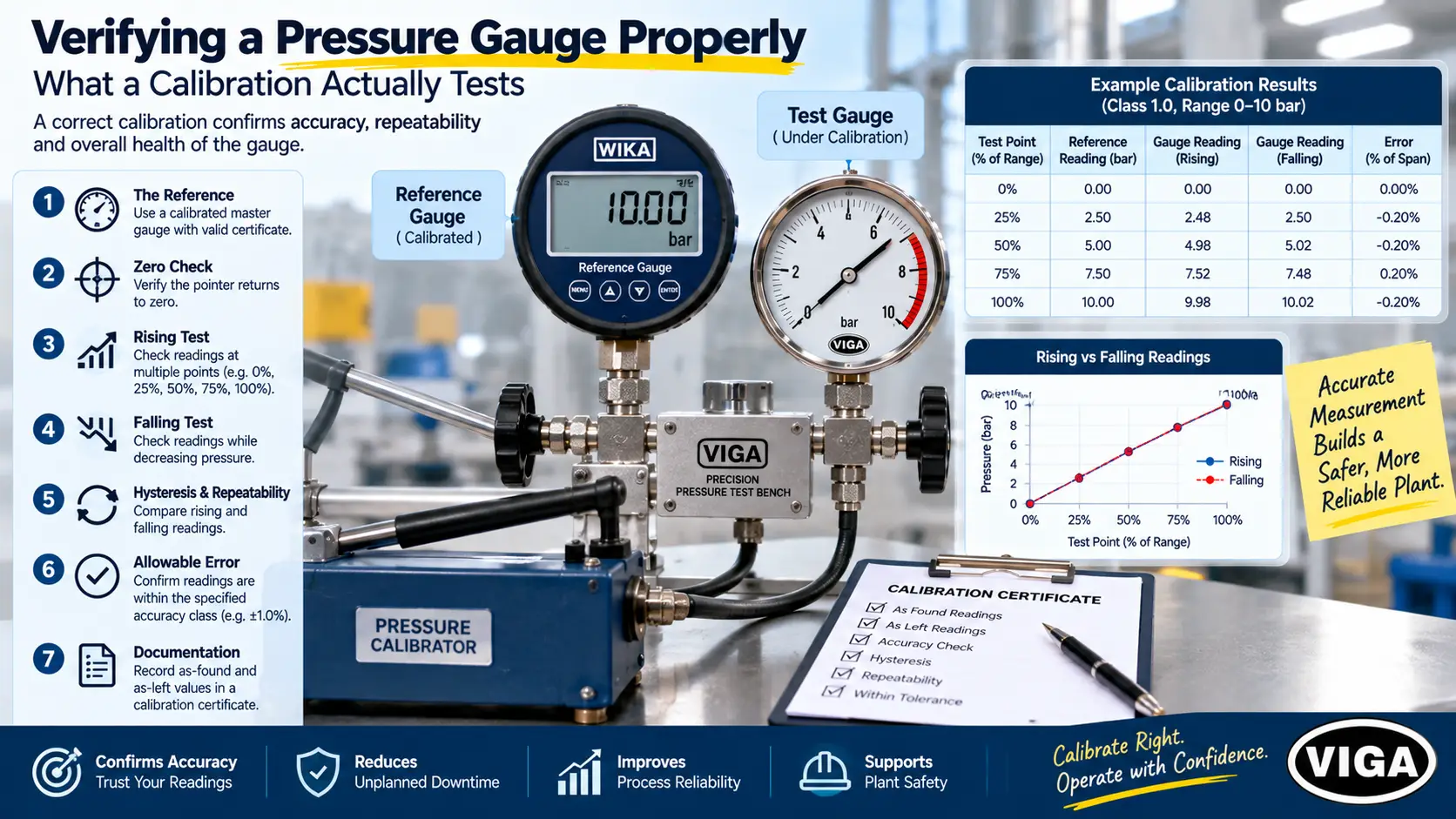 Pressure gauge calibration using a reference gauge with zero, rising, falling and hysteresis tests