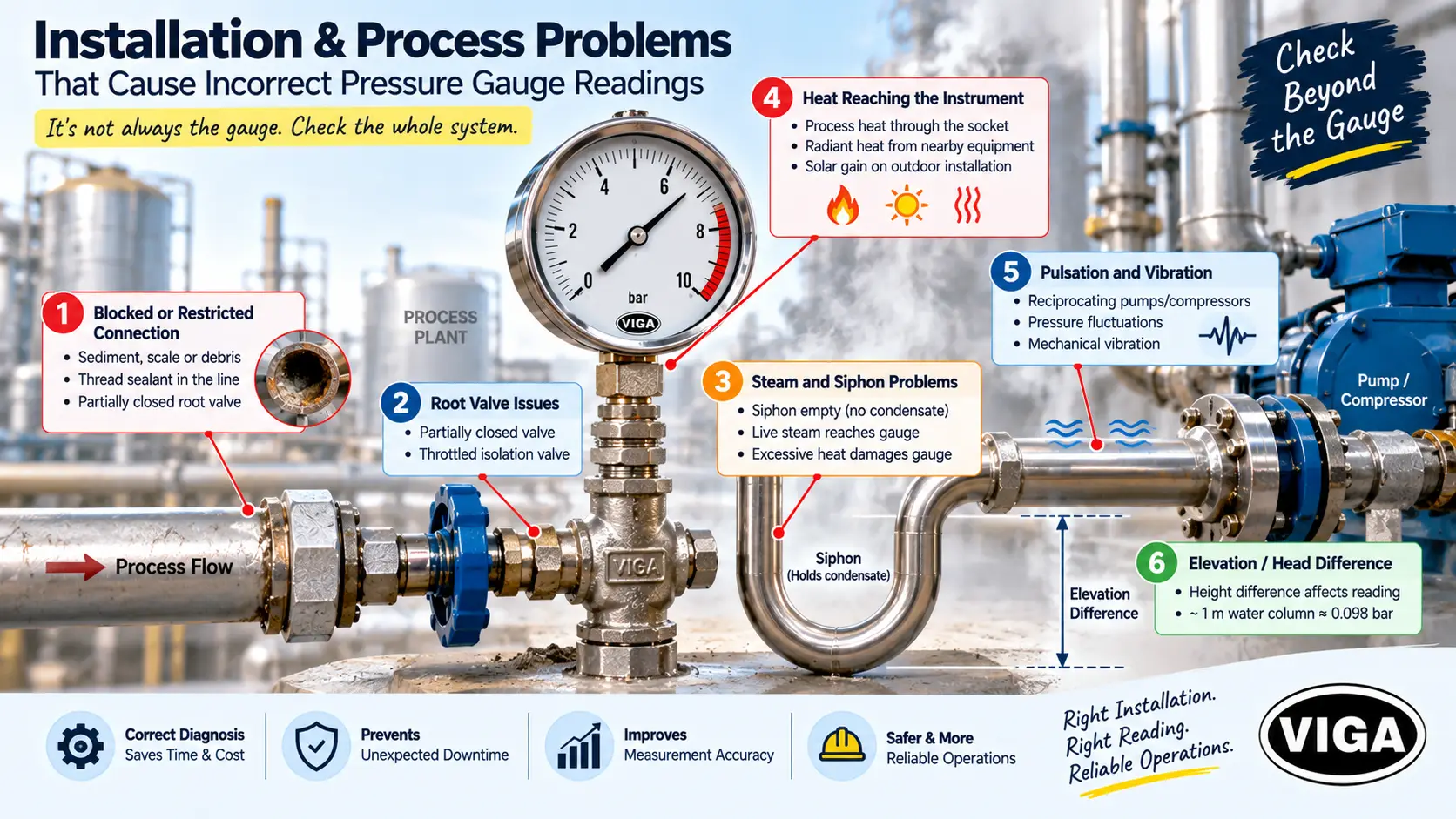 Pressure gauge installation and process problems including blocked connection, heat, pulsation, siphon and elevation