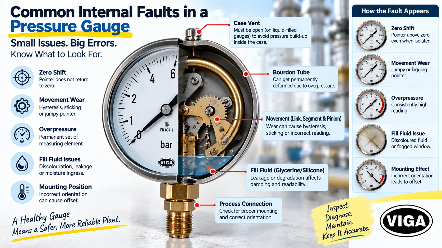 Pressure gauge internal faults including zero shift, overpressure damage, movement wear and fill fluid issues