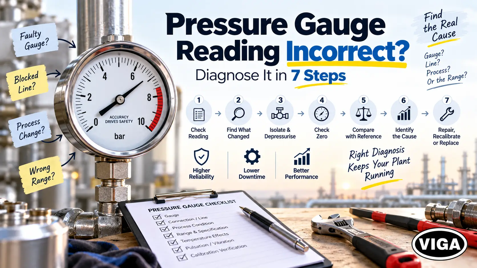 Pressure gauge reading incorrect diagnosis with seven troubleshooting steps