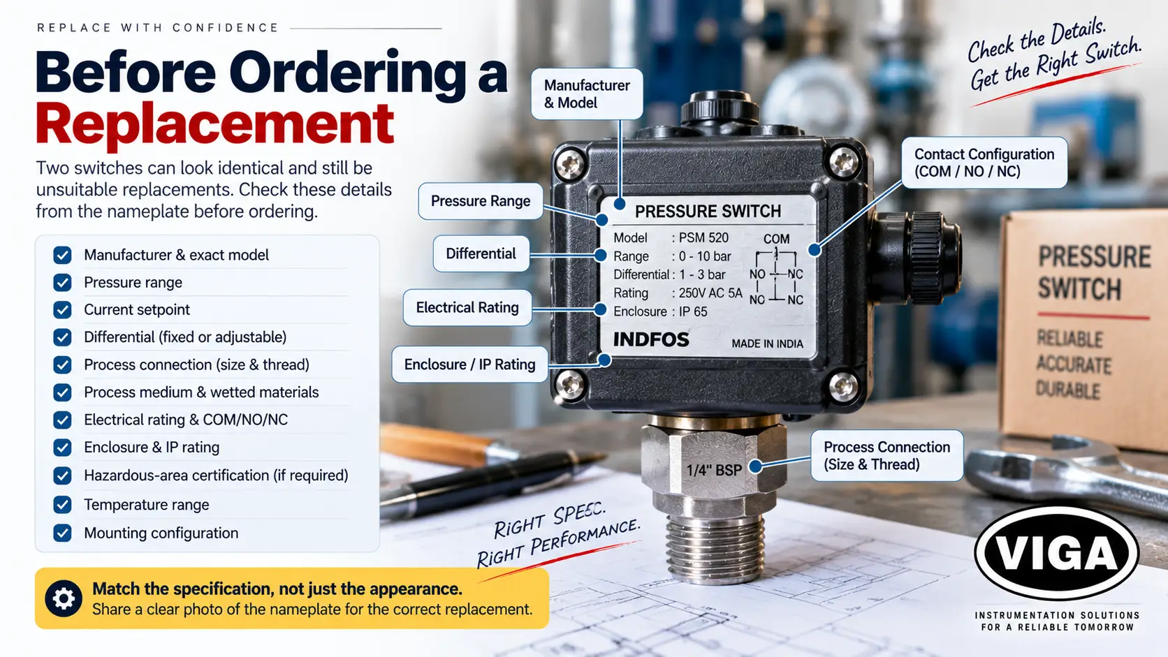 Pressure switch replacement guide showing nameplate model, pressure range, differential, electrical rating and process connection