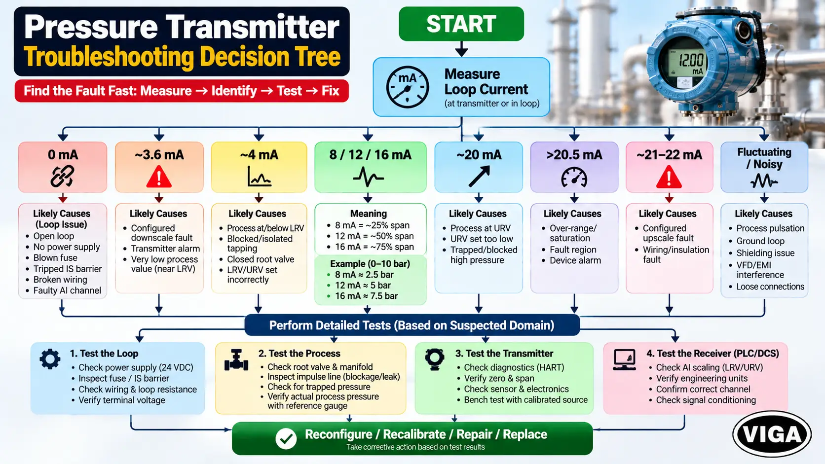Pressure transmitter troubleshooting decision tree for 4–20 mA faults