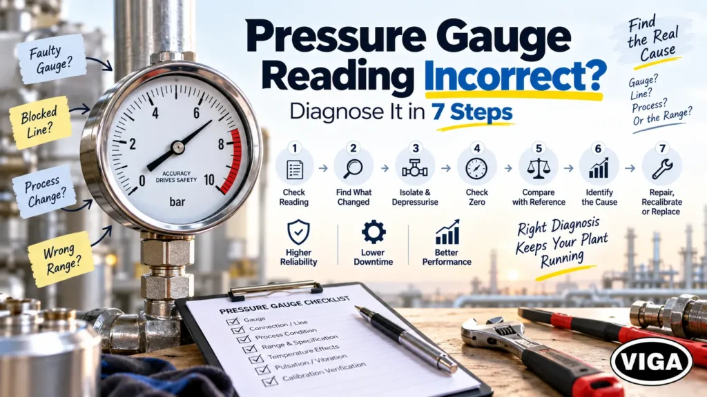 Pressure gauge reading incorrect diagnosis with seven troubleshooting steps